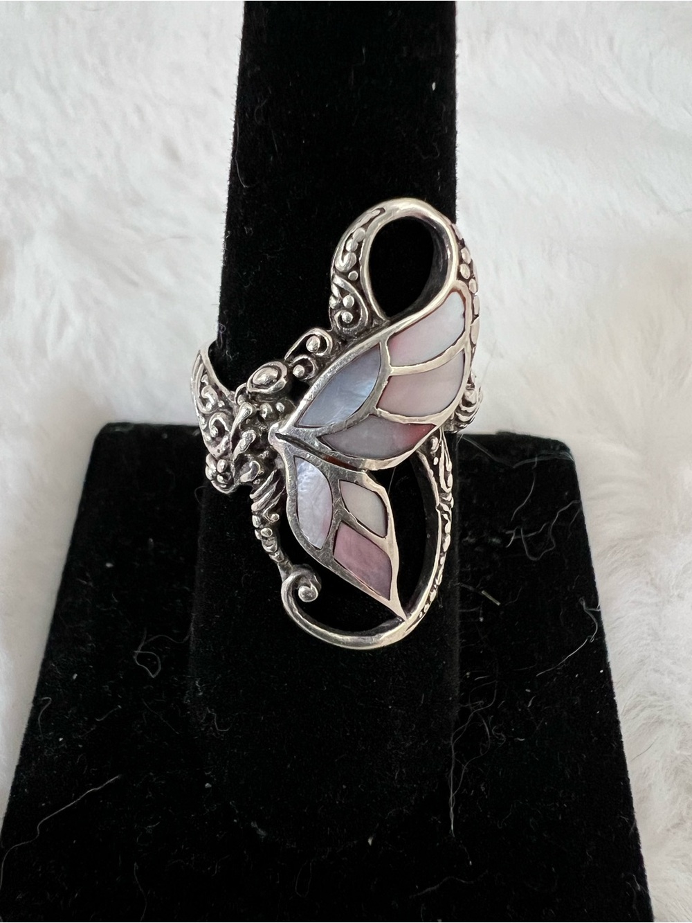 Sarda Sterling Silver Butterfly Inlay Statement Ring - Mother of Pearl